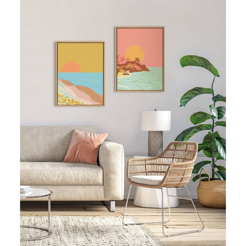 Golden Hour Coastal Sunset Canvas Print with Natural Frame