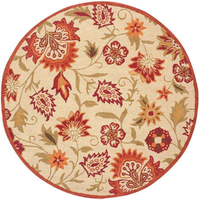 Handmade Red Floral Wool Round Area Rug, 6' x 6'