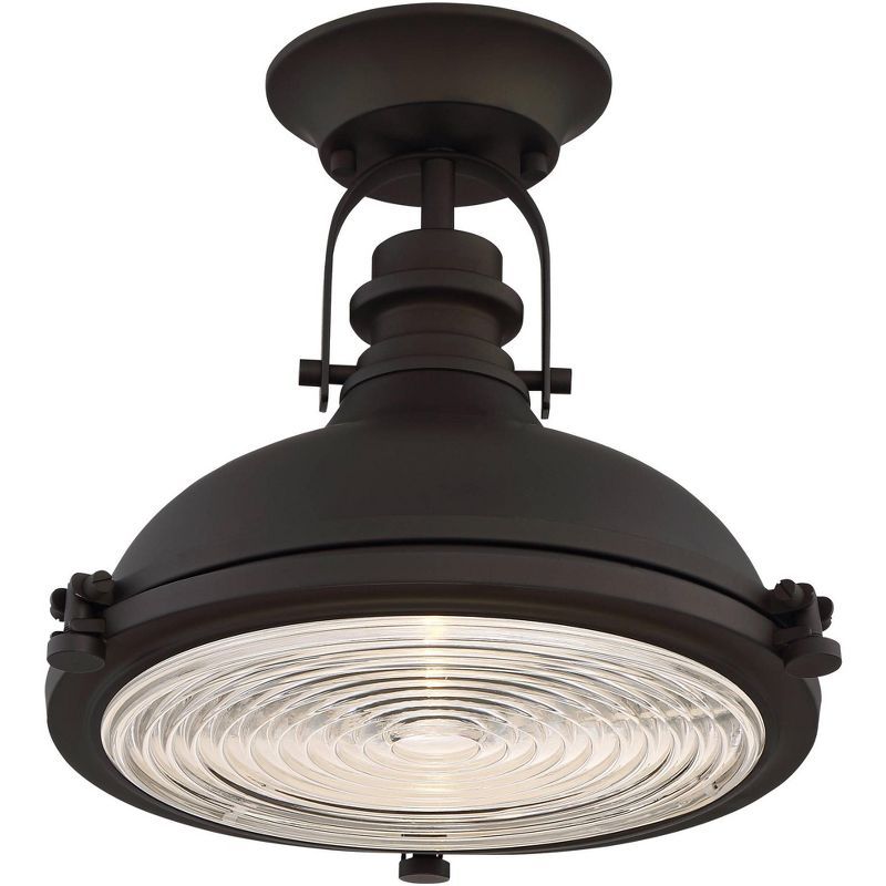 Bronze Dome 14" Industrial Semi-Flush Mount with Clear Ribbed Glass