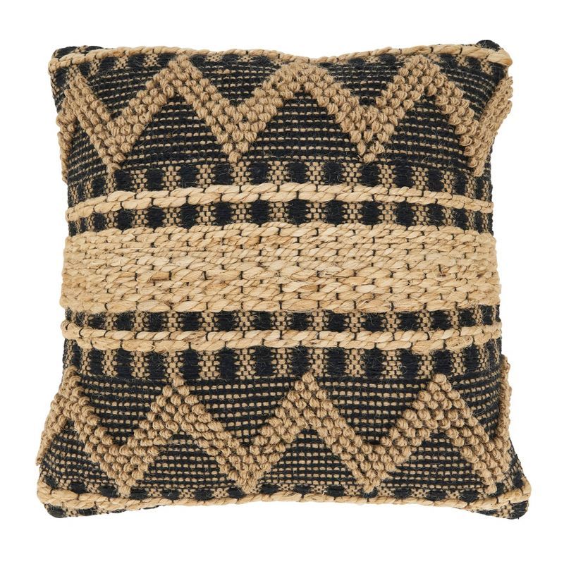 20" Black and Beige Boho Woven Zig Zag Square Throw Pillow