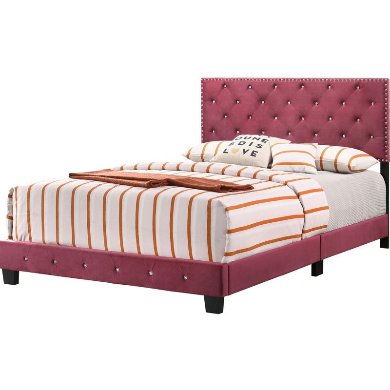 Cherry Velvet Tufted Upholstered Full Panel Bed