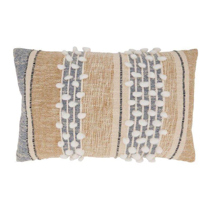 Beige and Blue Textured Woven Striped Throw Pillow