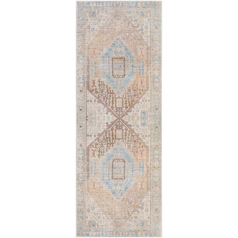 Alanya Blue and Beige Washable Chenille Runner Rug