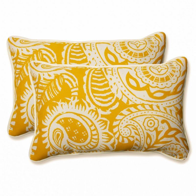 Addie Yellow and Off-White Paisley Outdoor/Indoor Lumbar Pillows, Set of 2