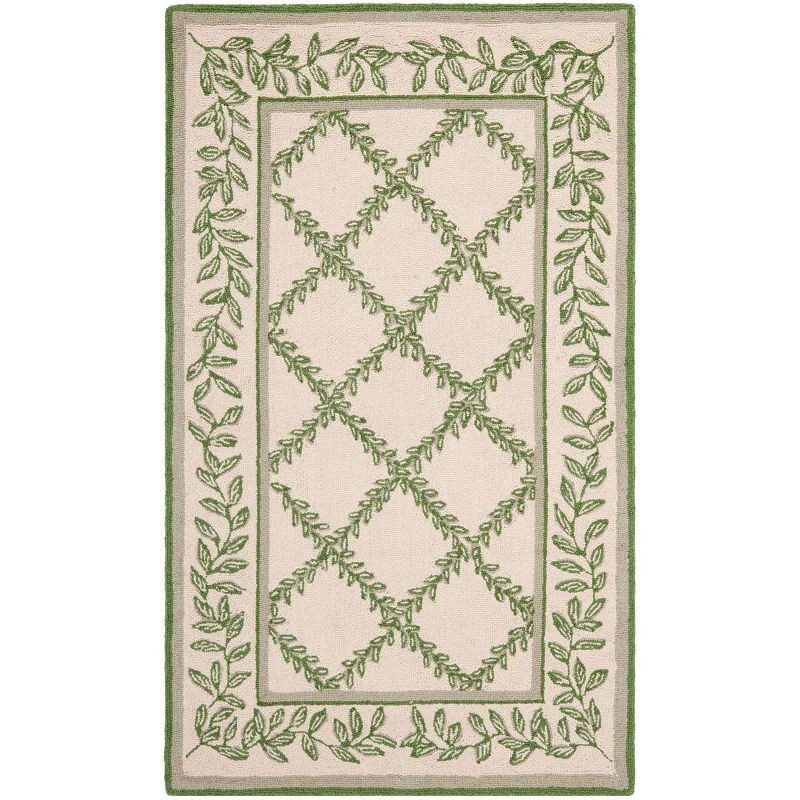 Ivory and Green Floral Wool Hand-Hooked Area Rug 4' x 6'