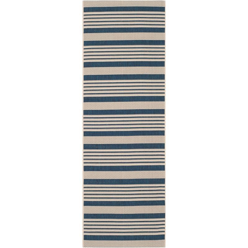 Beige and Blue Stripe Easy-Care Synthetic Runner Rug, 27"x12"