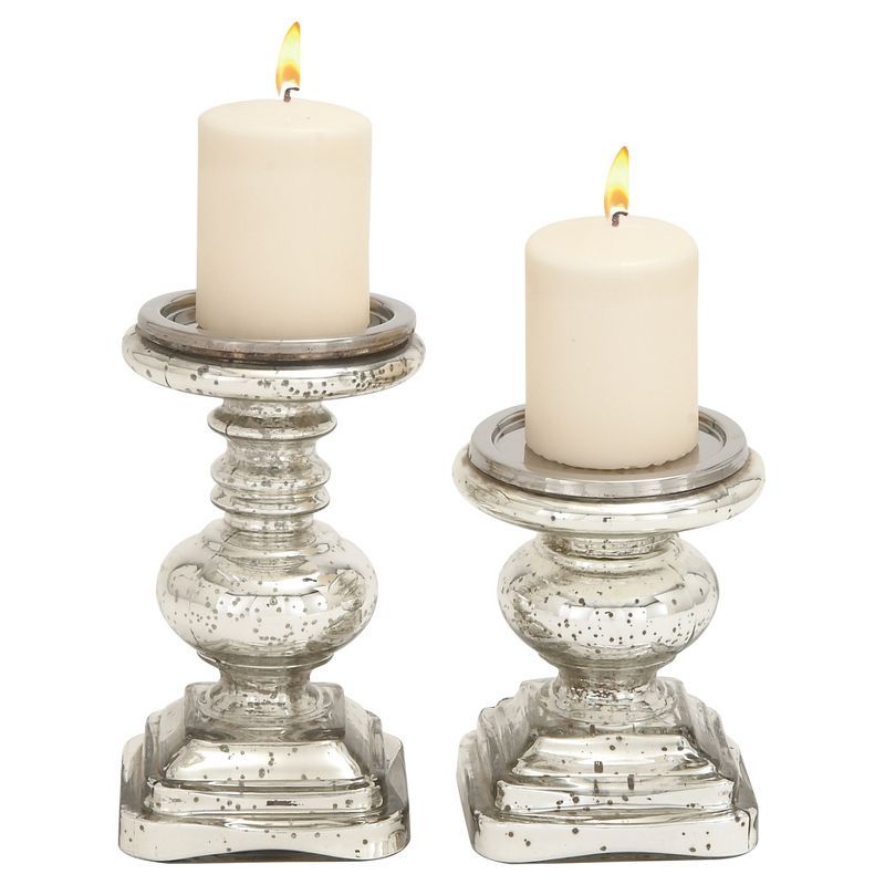 Elegant Silver Mercury Glass Pillar Candle Holder Set, 9" & 7"H