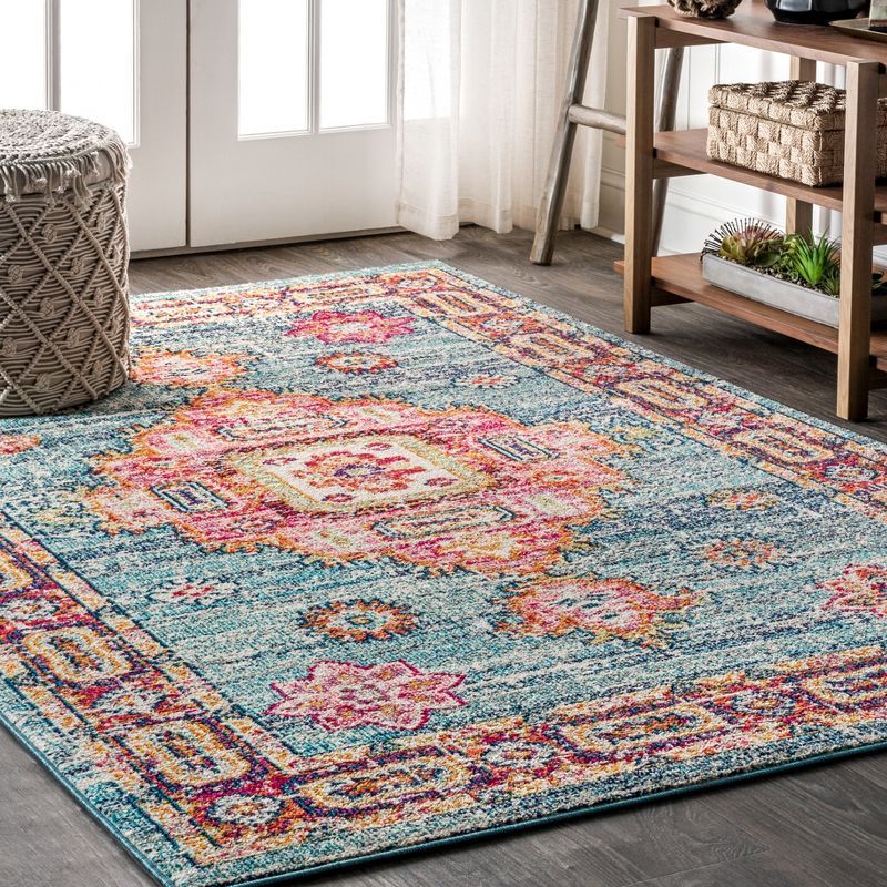 Bohemian Flair Blue and Red Medallion Area Rug