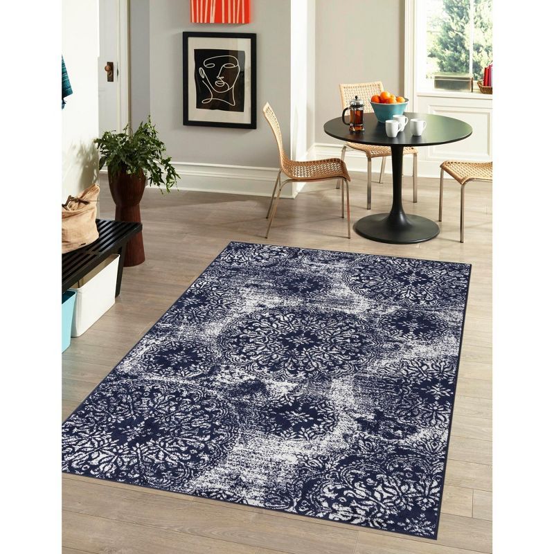 Navy Blue Faded Embellished Bohemian Rectangle Area Rug