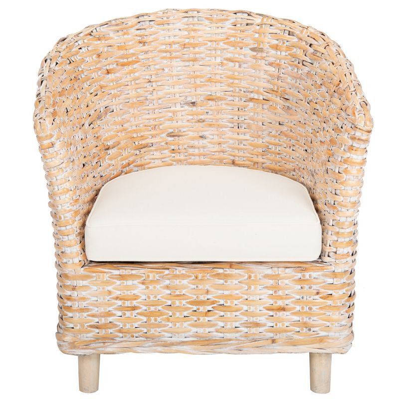 Natural White Wash Rattan Barrel Accent Chair with Cushion