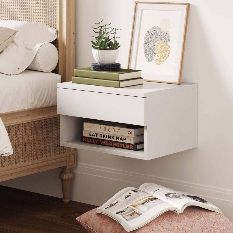 White Floating Wall-Mounted Nightstand with Drawer and Shelf