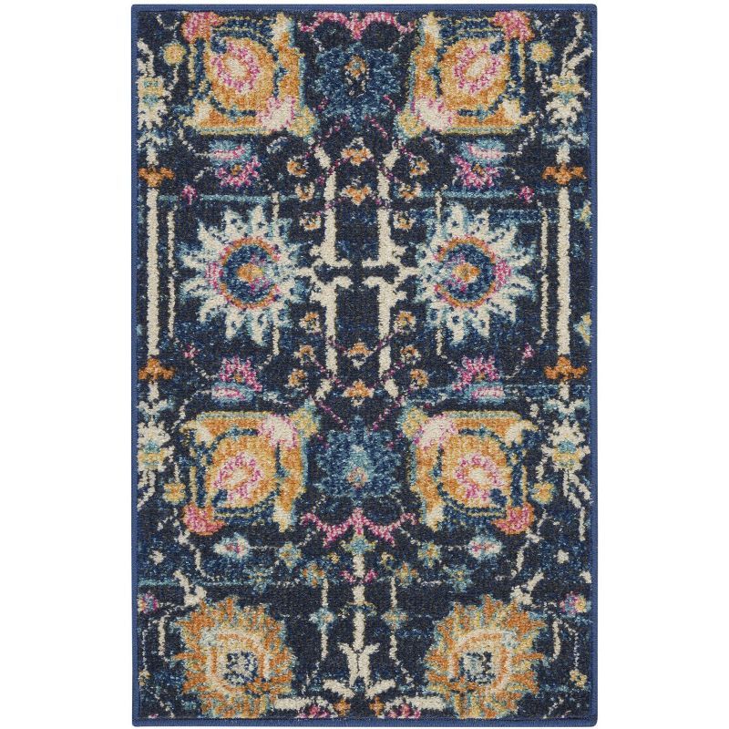 Bohemian Bliss Navy Floral Hand-Knotted 2x3 Synthetic Rug