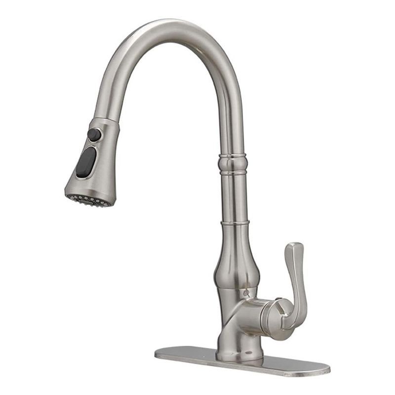 Brushed Nickel Single Handle Pull-Down Kitchen Faucet with Deck Plate