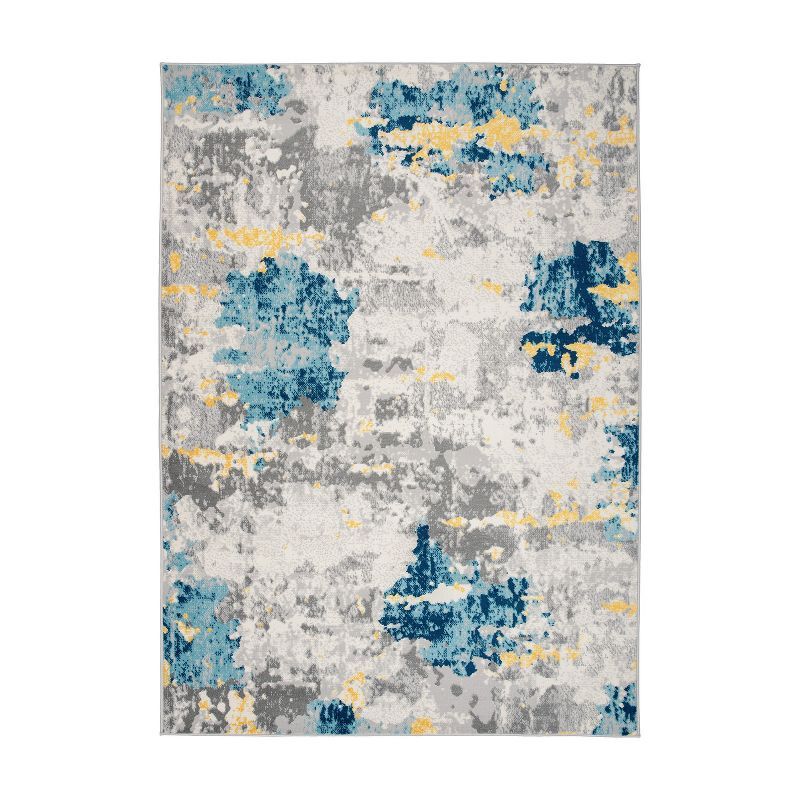 Cream and Blue Abstract Synthetic 5' x 7' Area Rug