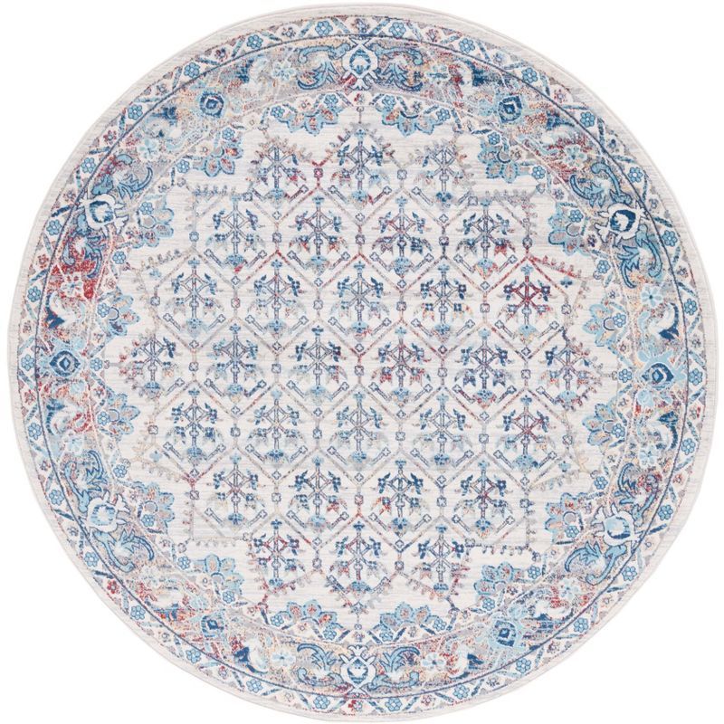 Ivory and Blue Round Synthetic Hand-Knotted Rug