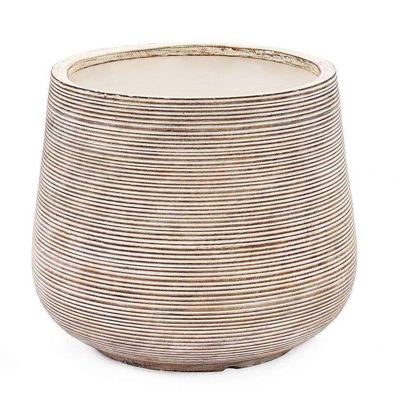 Distressed Tan and White Ribbed Round Planter