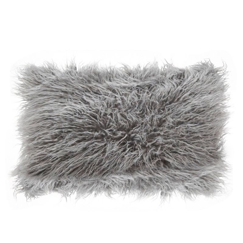 Small Gray Faux Mongolian Fur Lumbar Pillow