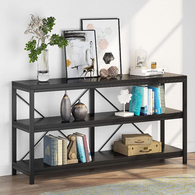 Black 55-Inch Industrial Sofa Table with 3-Tier Storage