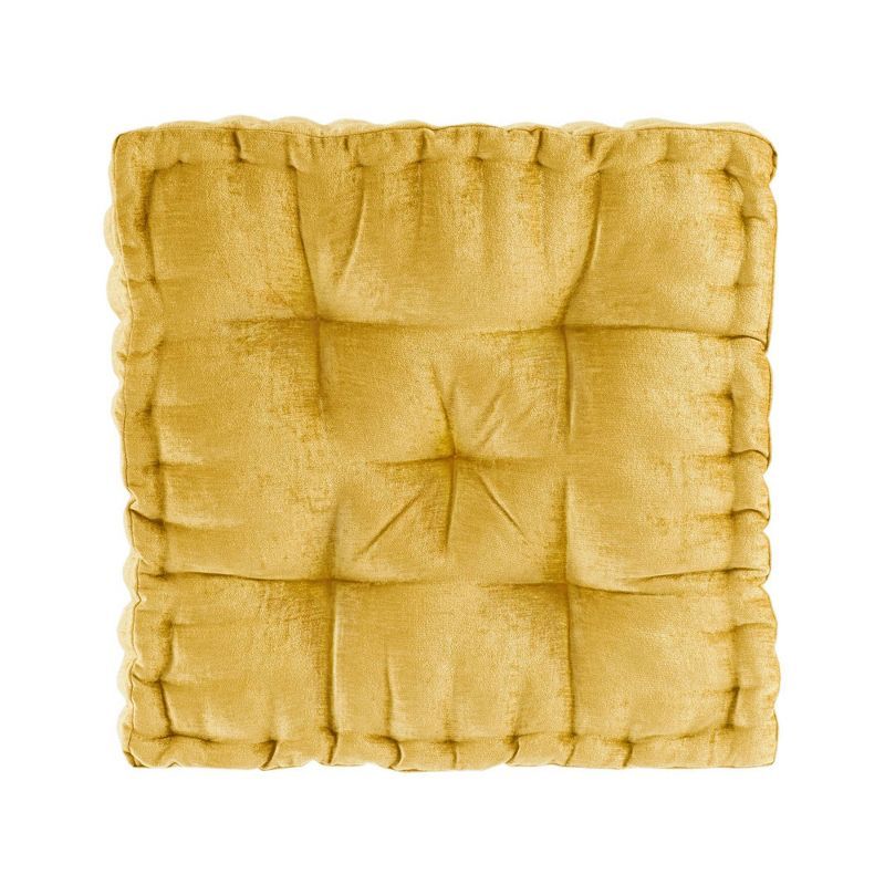 Yellow Chenille Tufted Square Floor Pillow with Scalloped Edges, 20"x20"x5"