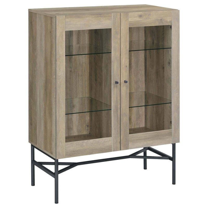 Light Brown Pine 2-Door Glass Display Cabinet