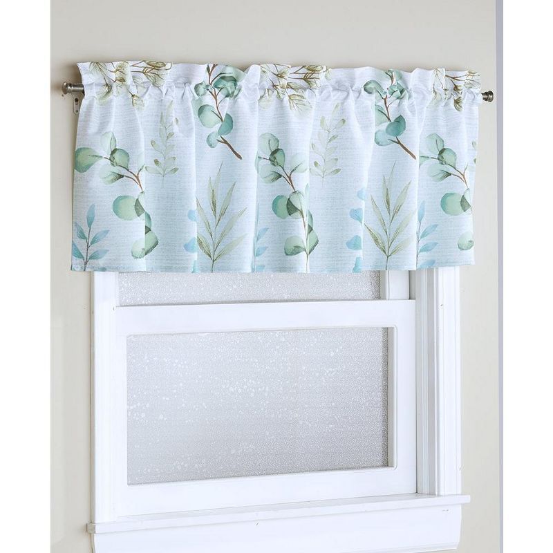 Light Blue Botanical Leaves Polyester Rod Pocket Valance