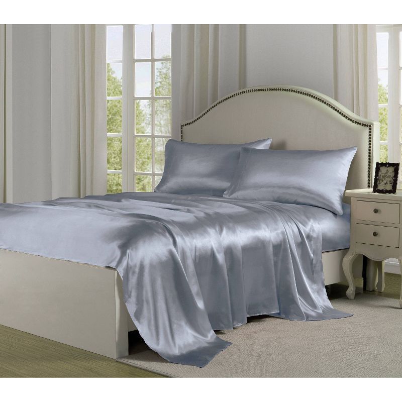 Queen Silver Satin Charmeuse Sheet Set with Pillowcases