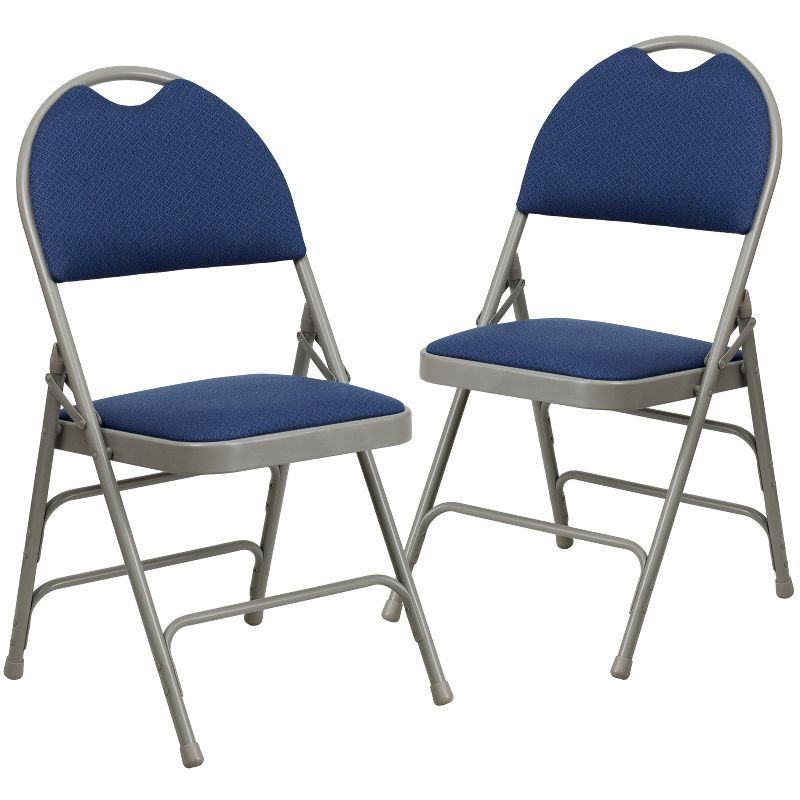 Navy Fabric Armless Metal Folding Chair with Easy-Carry Handle