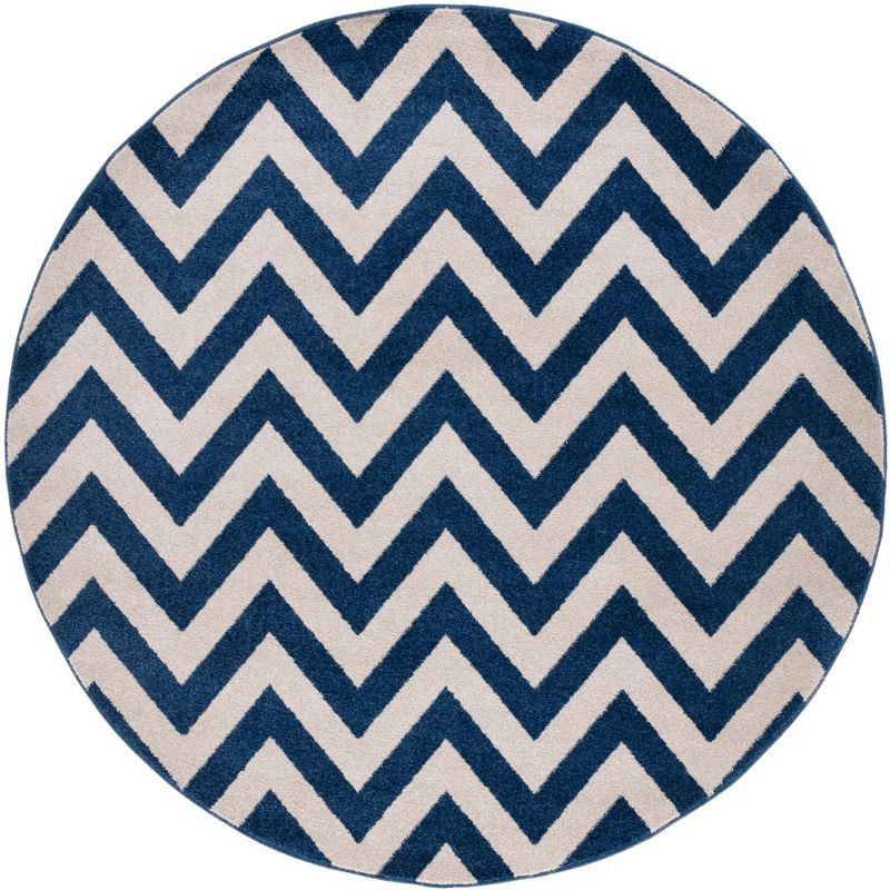 Navy & Beige Hand-Knotted Stripe Synthetic 7' Round Rug