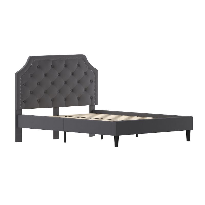 Provence Dark Gray Queen Platform Bed with Tufted Headboard and Gold Nail Trim