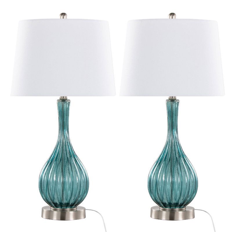 Sapphire Blue Crackle Glass Table Lamps with Off-White Linen Shades, Set of 2