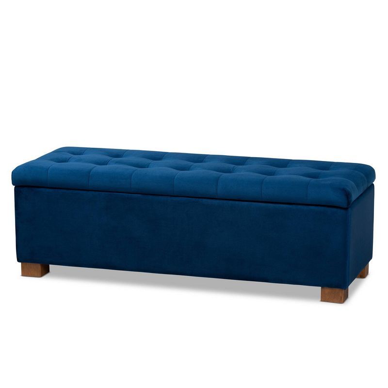 Navy Blue Velvet Tufted Storage Bench with Walnut Legs