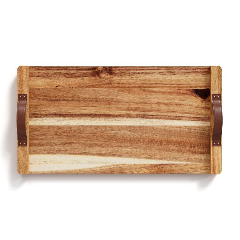 Acacia Wood Rectangular Tray with Leather Handles, 21"