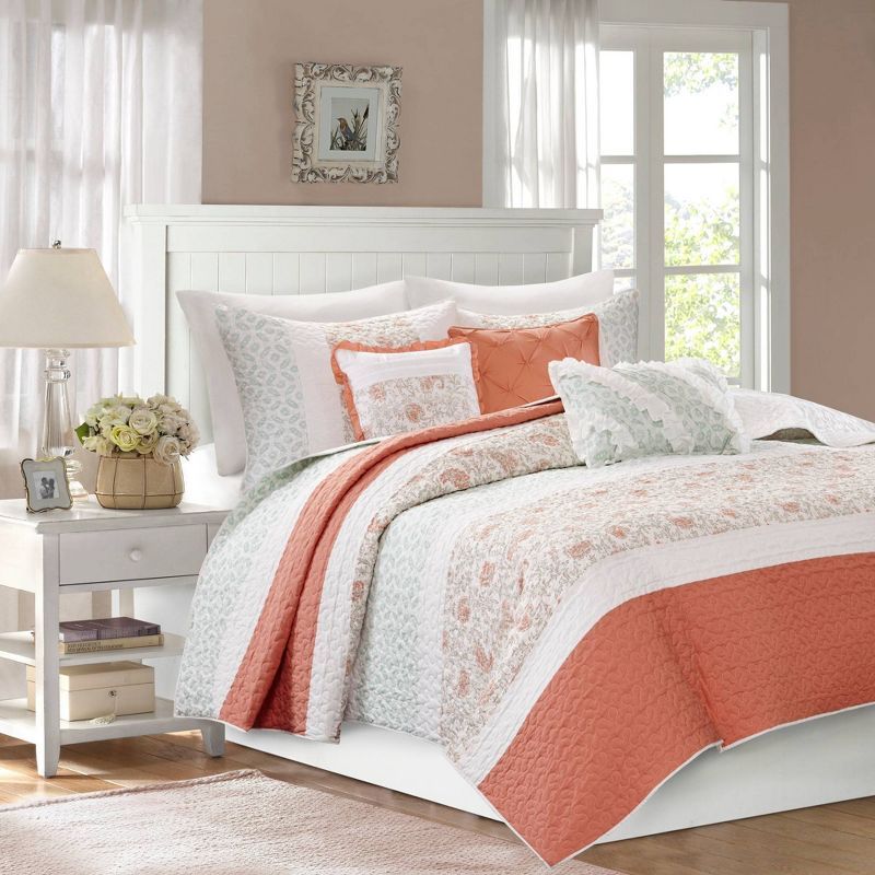 Coral Cotton King Reversible Paisley Quilt Set