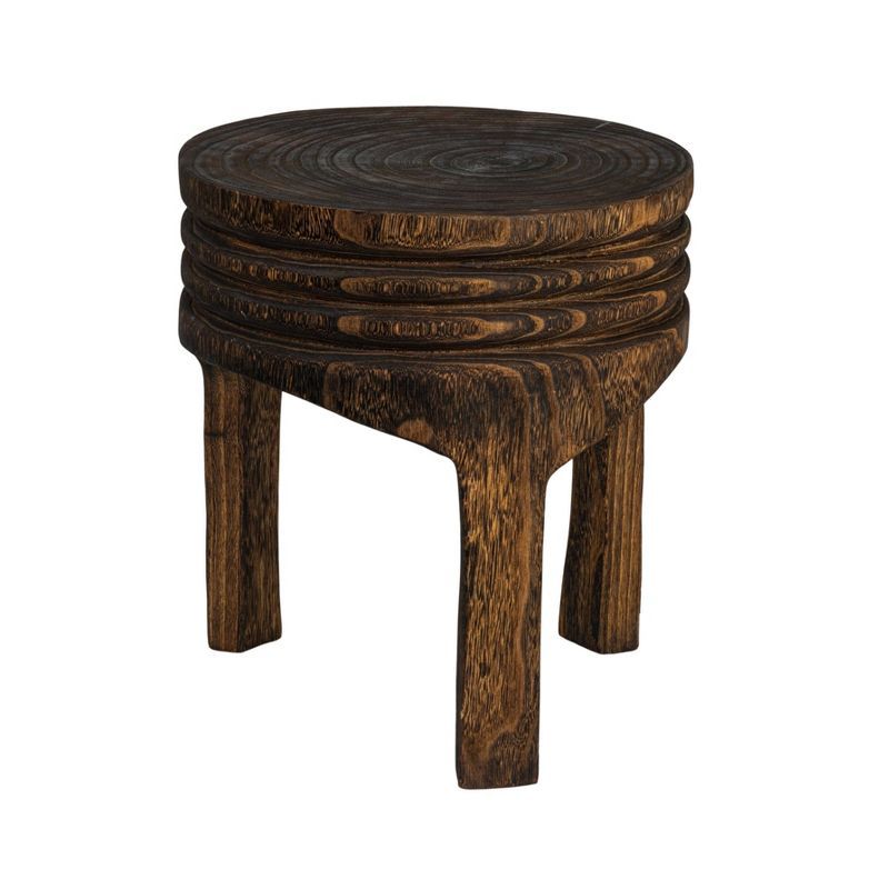 Charred Brown Hand-Carved Paulownia Wood Accent Stool