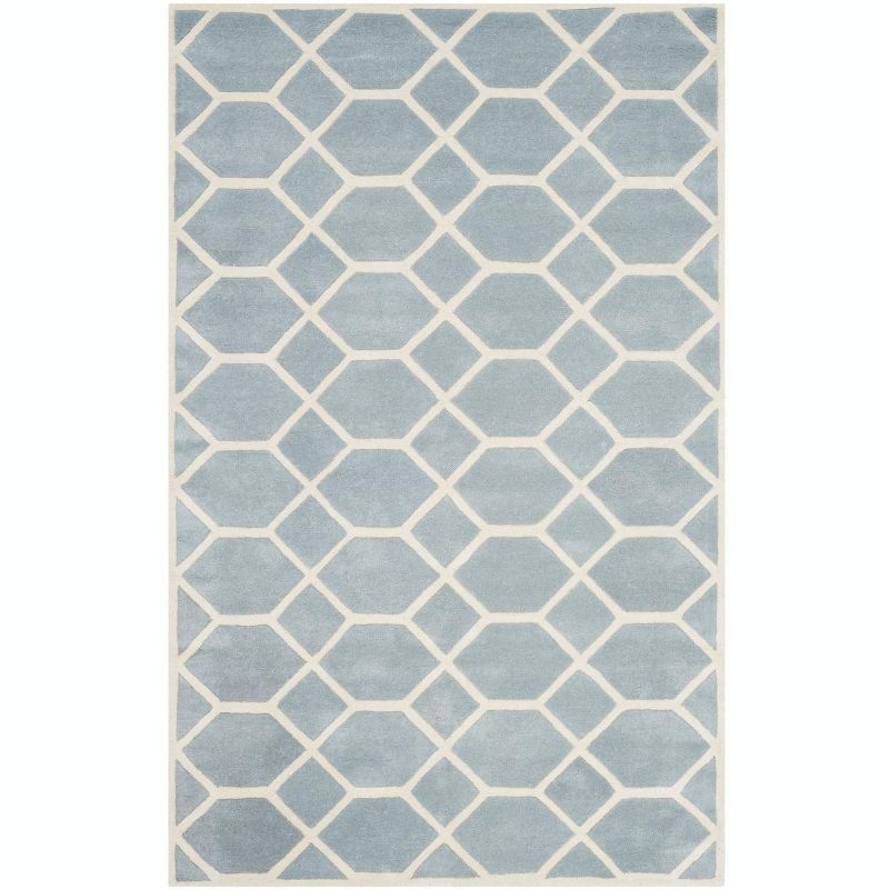 Blue and Ivory Geometric Hand-Tufted Wool Area Rug, 6' x 9'