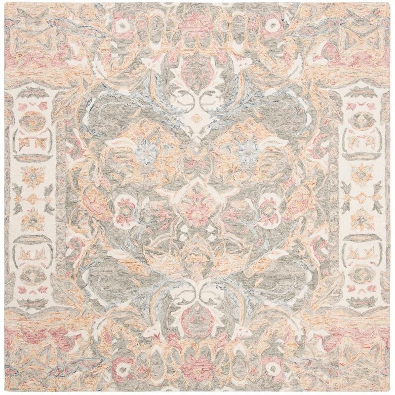 Ivory Floral Handmade Wool Square Area Rug, 6' x 6'