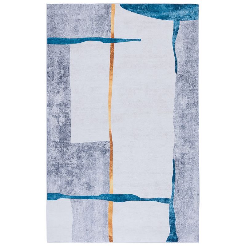 Gray and Blue Abstract Synthetic Washable Area Rug