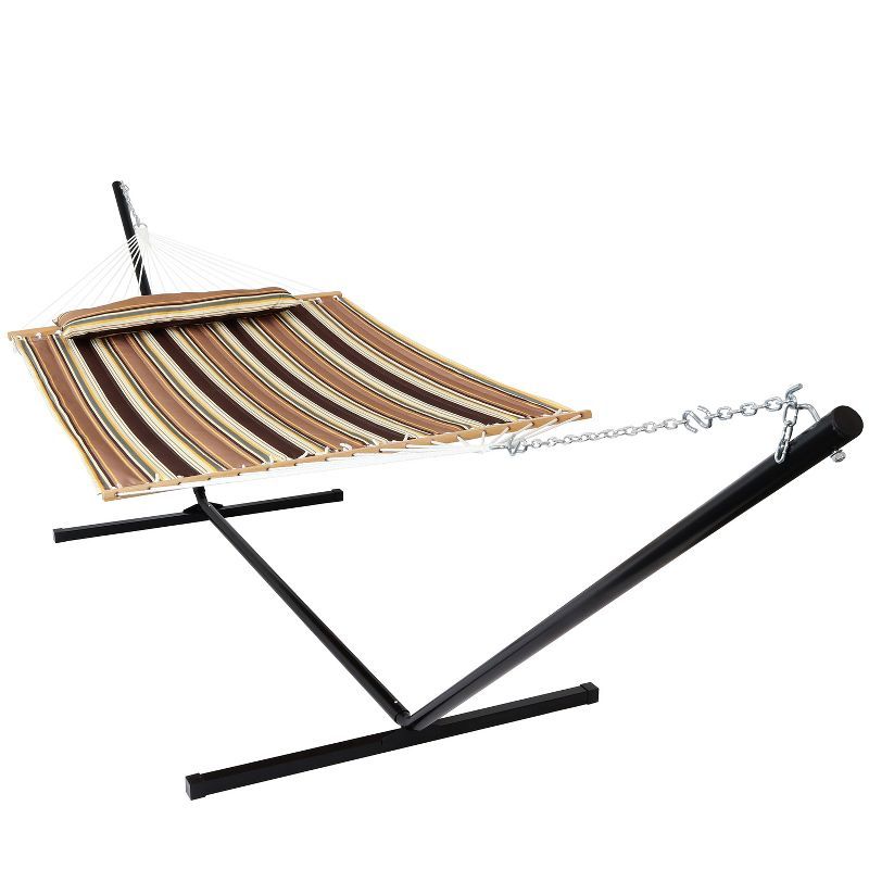 Sandy Beach Striped Polyester Double Hammock with Black Steel Stand