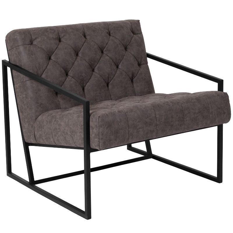 Retro Gray Bonded Leather Tufted Accent Chair with Metal Frame