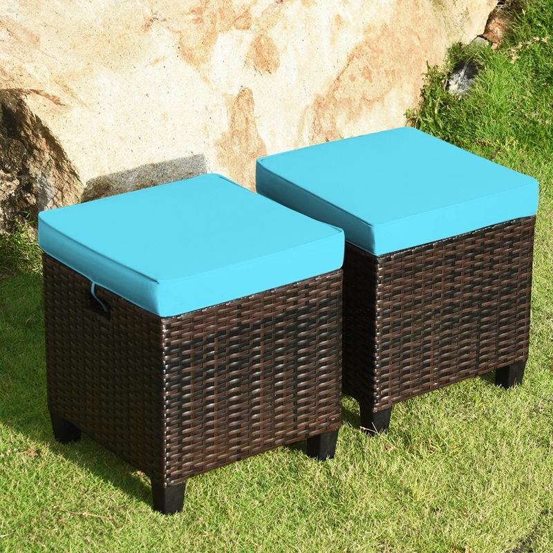 Turquoise Cushioned Rattan Patio Ottoman Set with Steel Frame