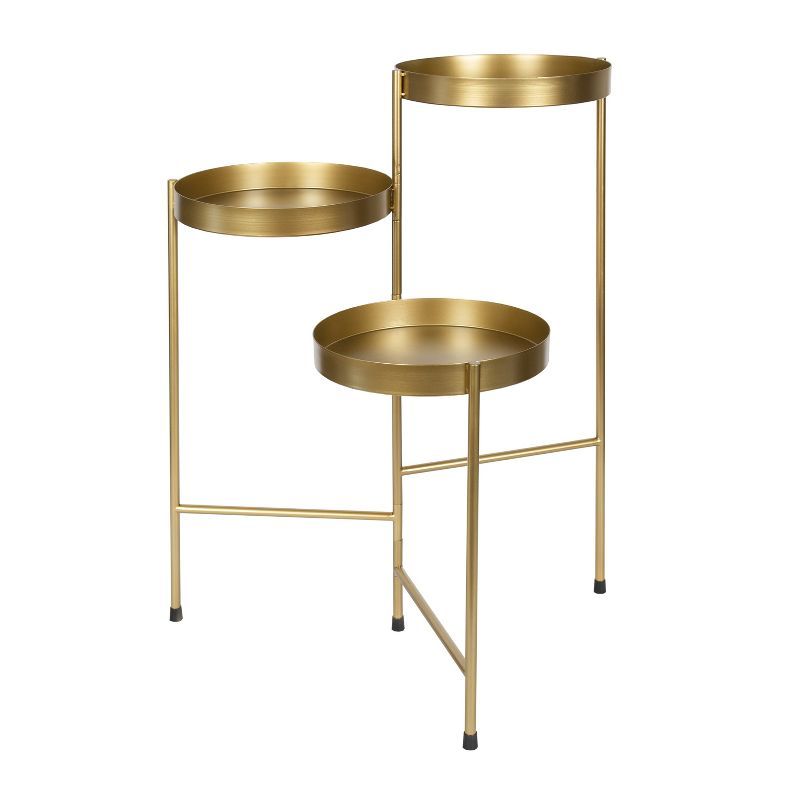 Satin Gold Tri-Level Metal Plant Stand with Round Trays