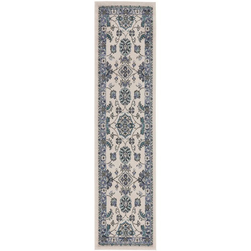 Ivory Blue Synthetic Runner Rug with Traditional Floral Pattern