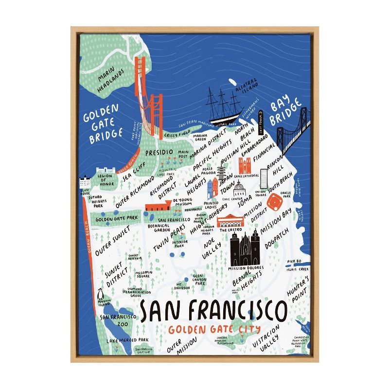 San Francisco Illustration Framed Canvas for Kids Nursery, 23x33, Natural