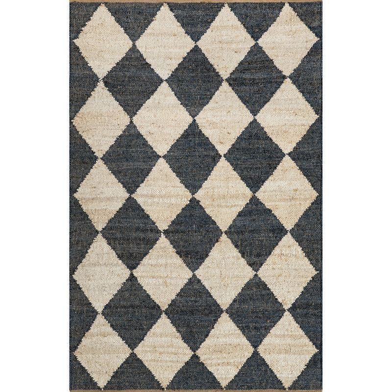 Charcoal and Beige Diamond Pattern Jute Rectangular Rug, 5' x 8'