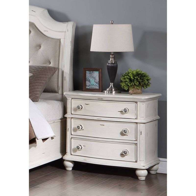 Jaqueline Antique White 3-Drawer Wooden Nightstand