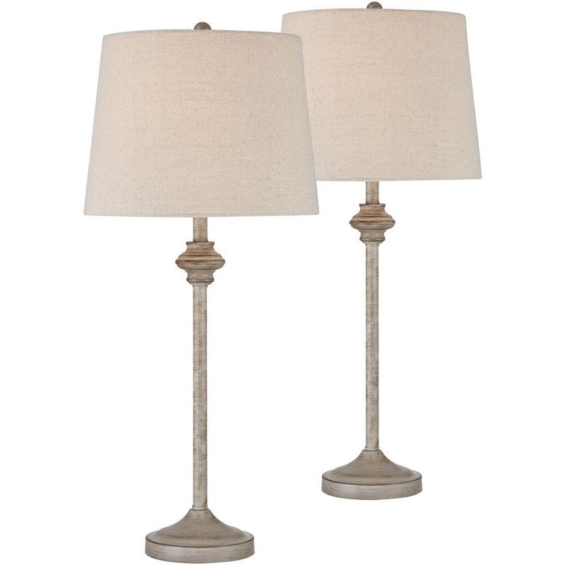 Beige Wood Buffet Table Lamps with Oatmeal Drum Shades, Set of 2