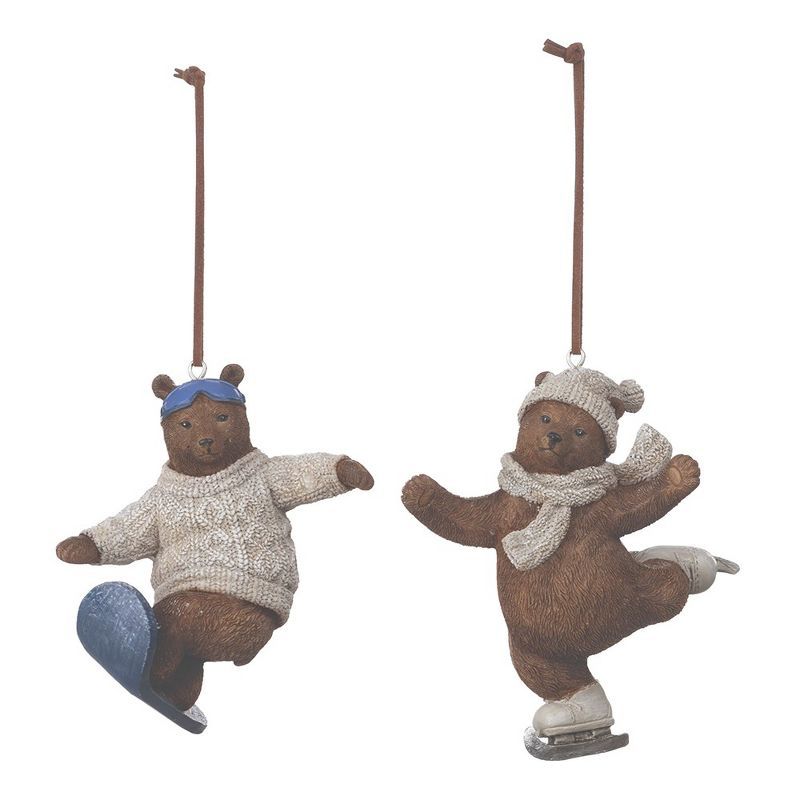 Brown and Beige Resin Skate and Snowboard Bear Ornaments Set