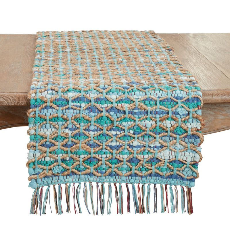 Handwoven Blue and Beige Chindi Table Runner, 16"x72"