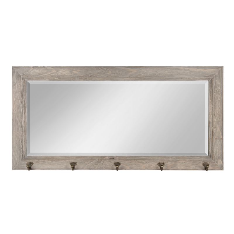 Rustic Graywash 36"x18" Wood Framed Pub Mirror with Metal Hooks