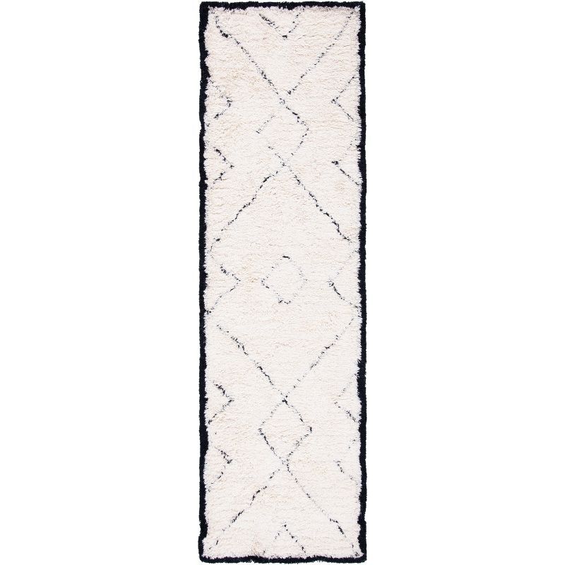 Ivory and Black Wool Hand-Tufted Geometric Runner Rug